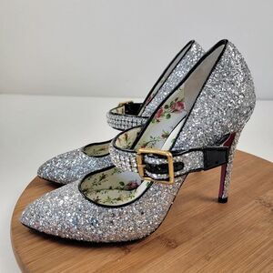 Gucci Calfskin Glitter Slyvie Mary Jane Pumps Argento Women Heels EU 38 US 7.5